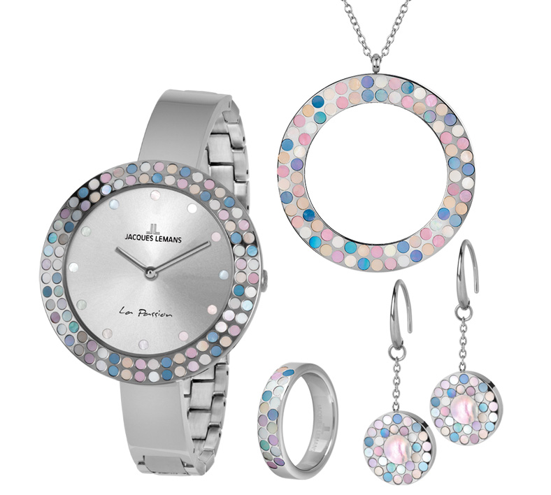 Farbenfrohes Damen Uhren-Schmuck-Set mit schimmerndem Perlmutt (Uhr, Kette, Ohrringe und Ring)