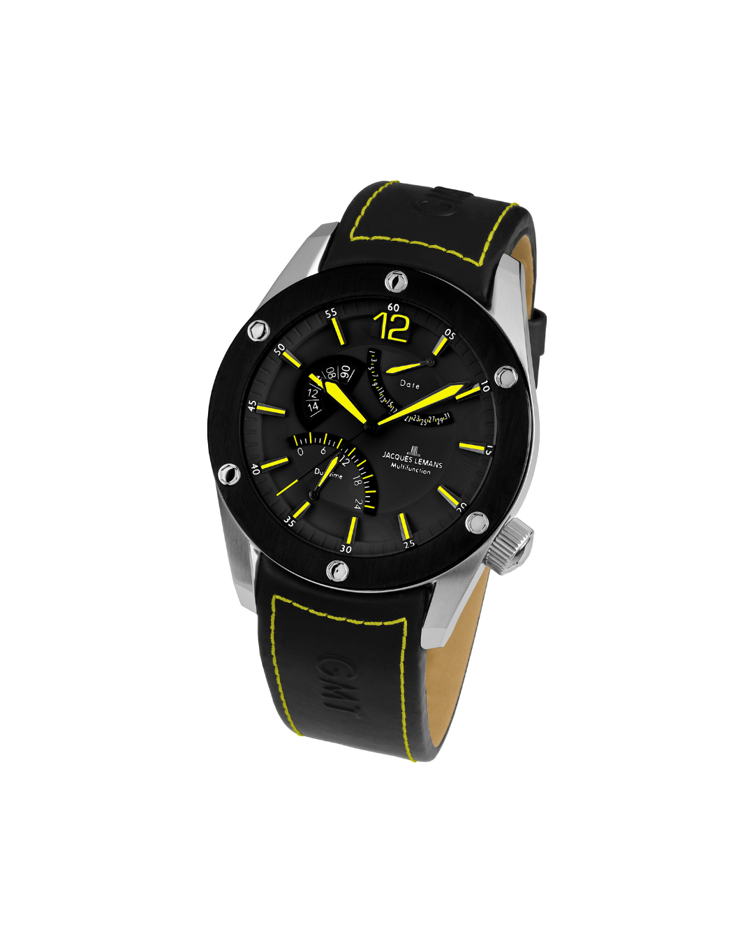 Markante sportliche Herrenuhr (⌀ 46 mm) mit schwarzem Zifferblatt und neongelben Akzenten, ergänzt durch ein schwarzes Lederarmband mit auffälliger gelber Kontrastnaht