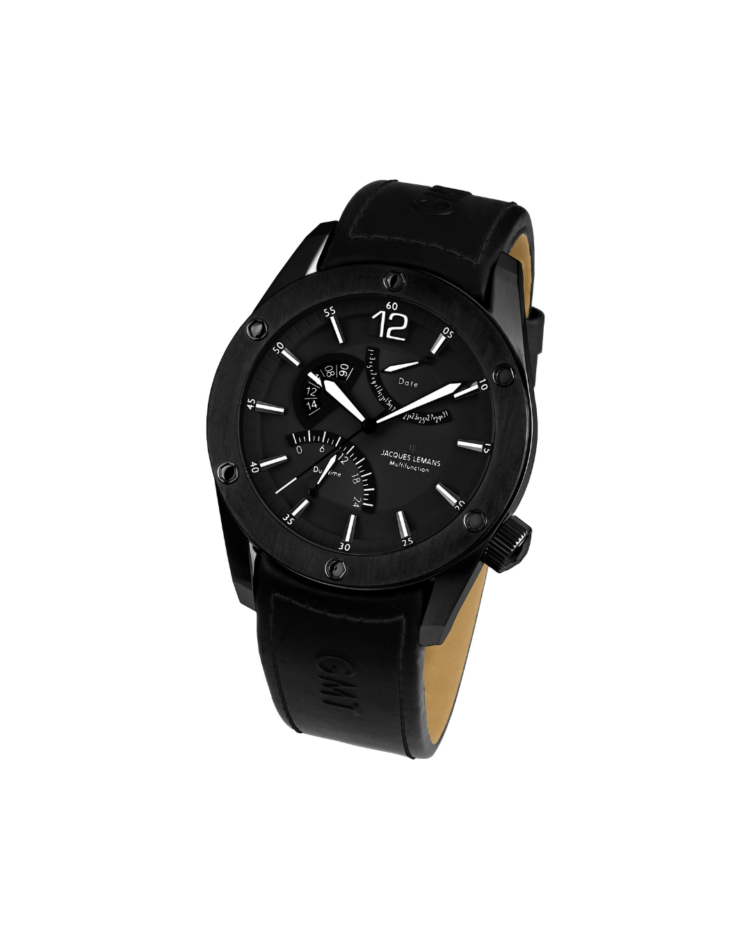 Markante sportliche Herrenuhr (⌀ 46 mm) mit schwarzem Zifferblatt und weißen Akzenten, ergänzt durch ein schwarzes Lederarmband