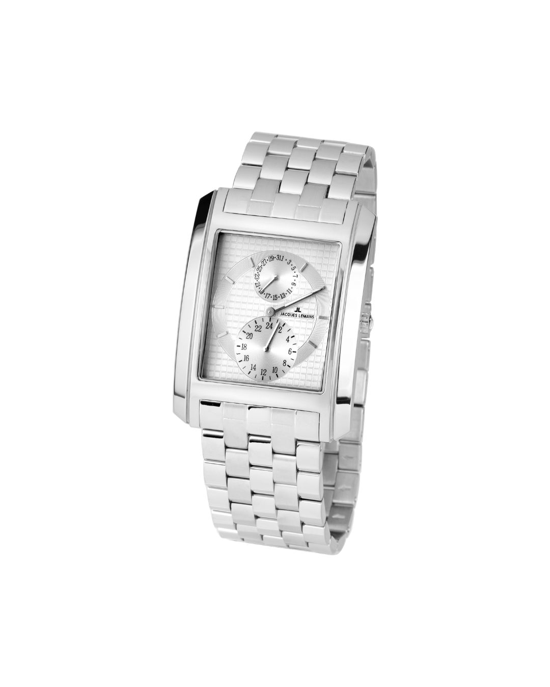Markante Herrenuhr mit rechteckigem Gehäuse und Edelstahlband
