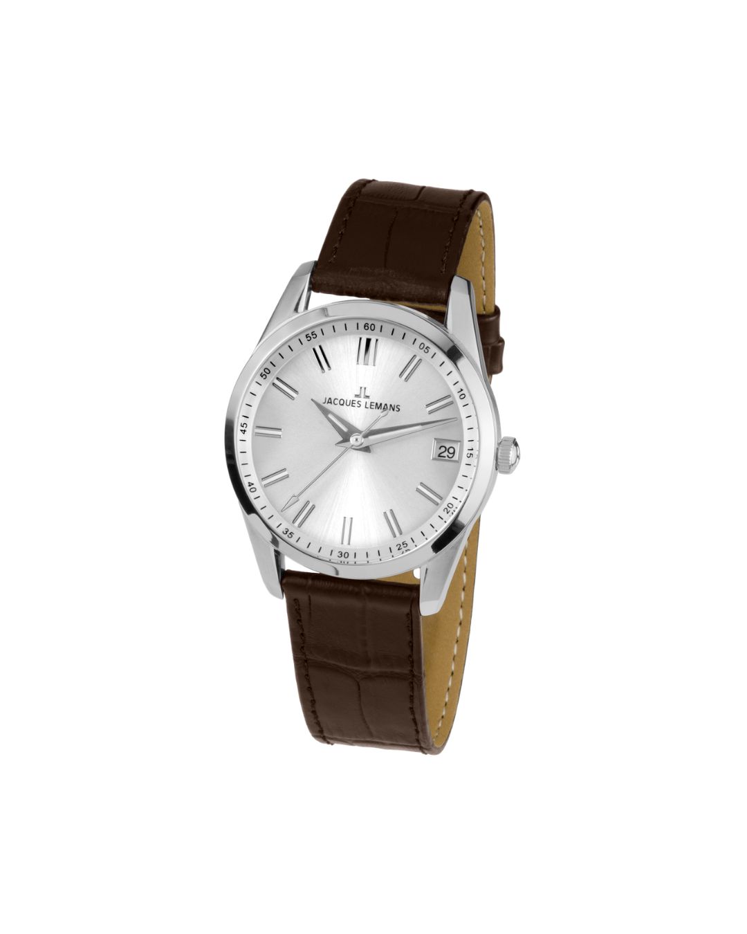 Klassische Herrenuhr mit edlem Lederband und silbernem Sonnenschliff-Zifferblatt